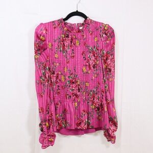 WAYF Floral Smocked Top M Pink Womens Long Sleeve Metallic Stripe Blouse
